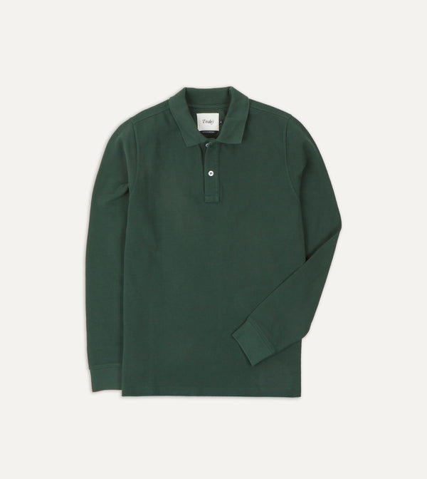 drake's Green Pique Cotton Long-Sleeve Polo Shirt