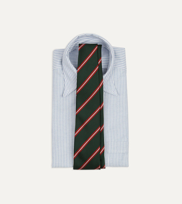 Drake's Green Red And Ecru Stripe Silk Tipped Tie