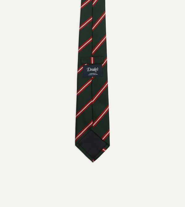 Drake's Green Red And Ecru Stripe Silk Tipped Tie
