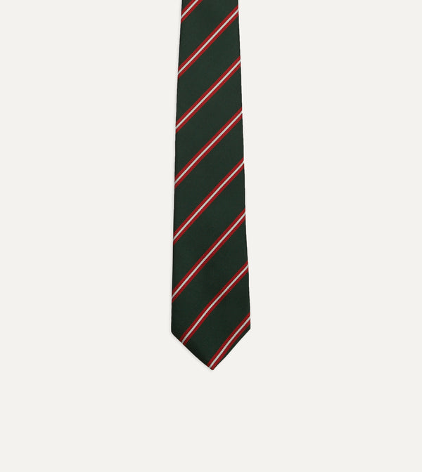 Drake's Green Red And Ecru Stripe Silk Tipped Tie