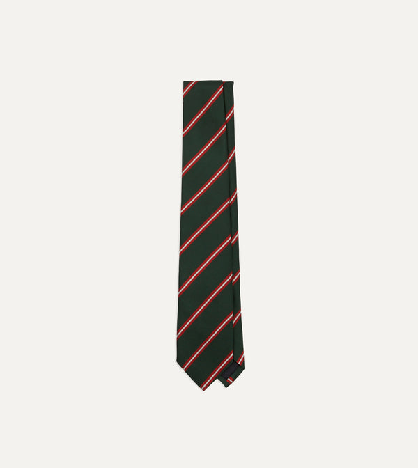 drake's Green Red and Ecru Stripe Silk Tipped Tie