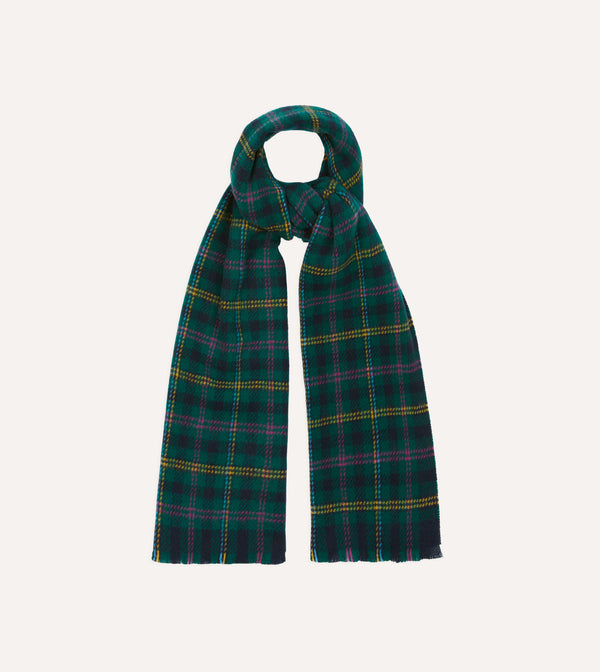 Drake's Green Tartan Check Wool Scarf