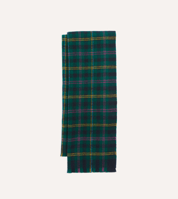 drake's Green Tartan Check Wool Scarf