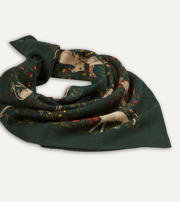 Drake's Green Unicorn Print Wool-Silk Square Scarf