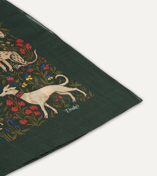 Drake's Green Unicorn Print Wool-Silk Square Scarf