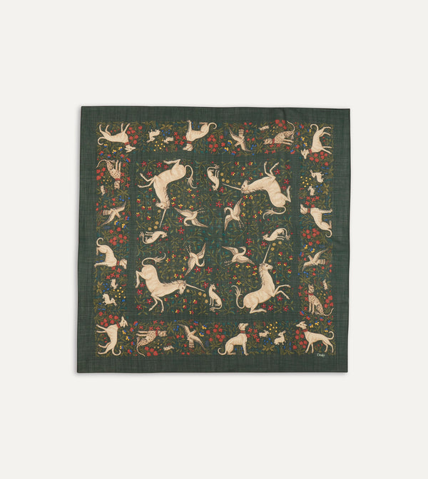 drake's Green Unicorn Print Wool-Silk Square Scarf