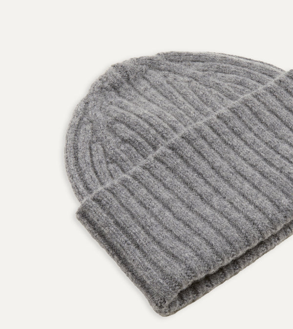 Drake's Grey Lambswool Ribbed Knit Cap