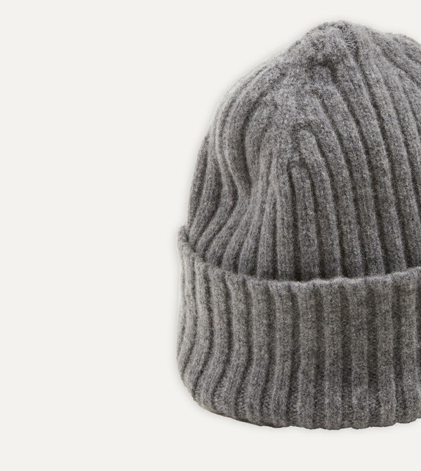Drake's Grey Lambswool Ribbed Knit Cap