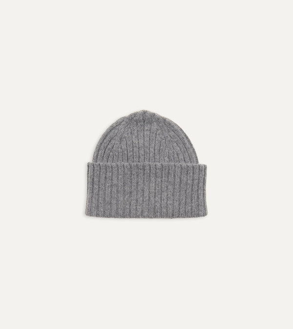 drake's Grey Lambswool Ribbed Knit Cap