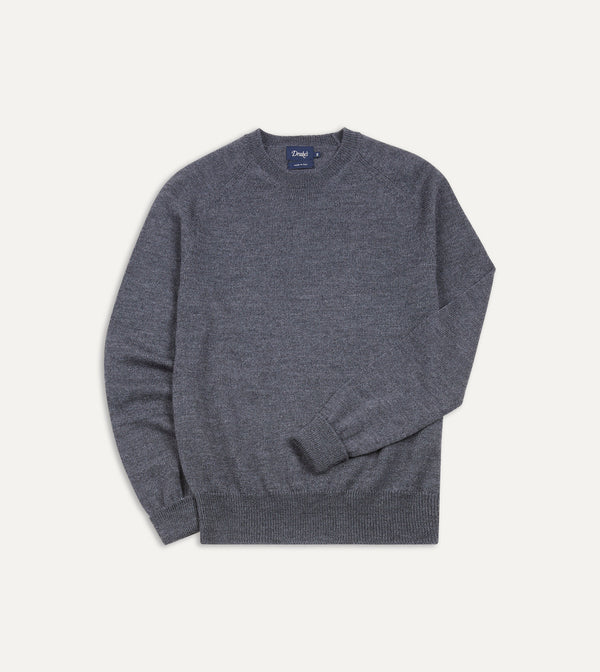 drake's Grey Melange Merino Crew Neck Jumper
