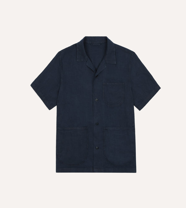 drake's Indigo Linen Short Sleeve Safari Shirt