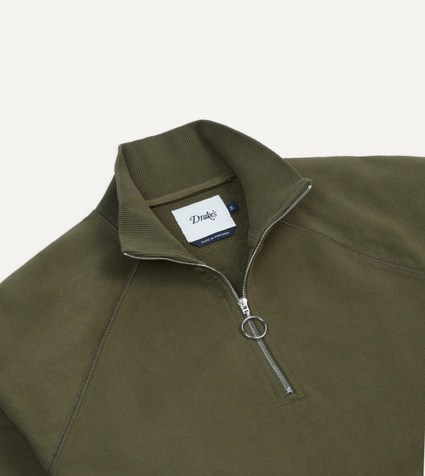 Drake's Khaki Green Cotton Quarter Zip Sweatshirt