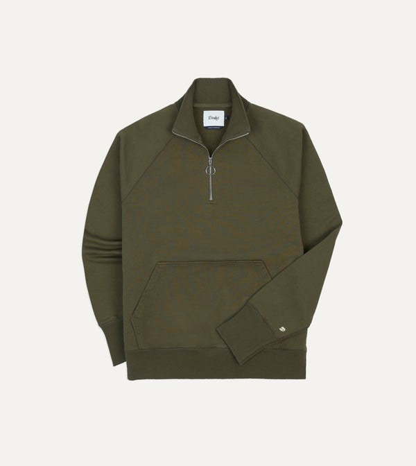 drake's Khaki Green Cotton Quarter Zip Sweatshirt