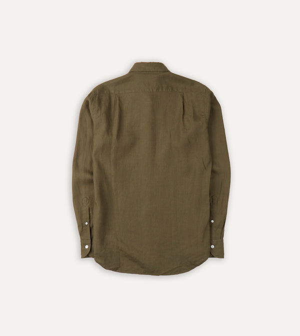 Drake's Khaki Green Linen Spread Collar Shirt