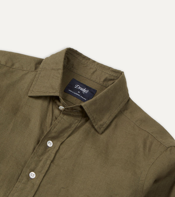 Drake's Khaki Green Linen Spread Collar Shirt
