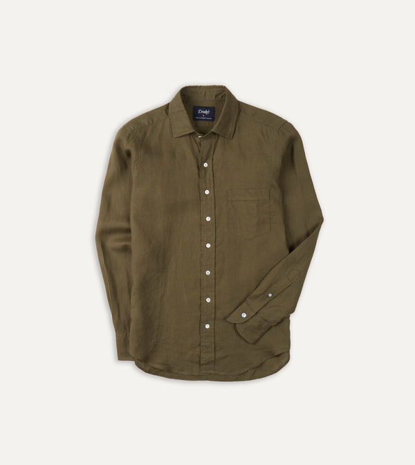 drake's Khaki Green Linen Spread Collar Shirt