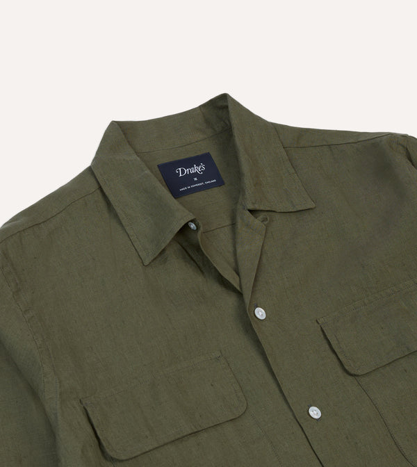 Drake's Khaki Linen Camp Collar Long Sleeve Shirt