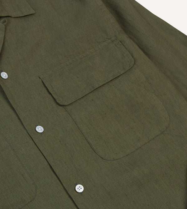 Drake's Khaki Linen Camp Collar Long Sleeve Shirt