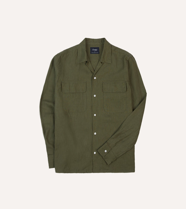 drake's Khaki Linen Camp Collar Long Sleeve Shirt