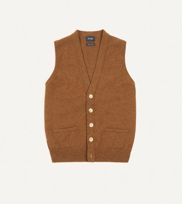 drake's Light Brown Lambswool Sleeveless Cardigan