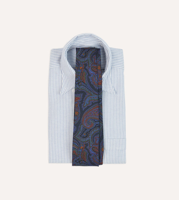 Drake's Navy Acanthus Print Silk Self Tipped Tie