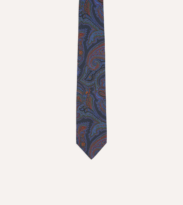 Drake's Navy Acanthus Print Silk Self Tipped Tie