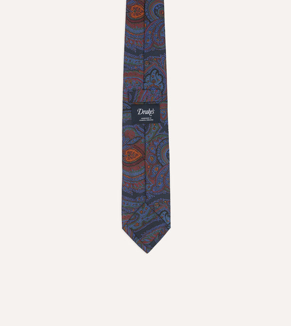 Drake's Navy Acanthus Print Silk Self Tipped Tie
