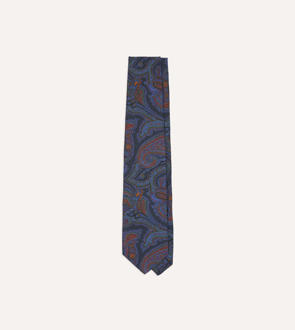 drake's Navy Acanthus Print Silk Self Tipped Tie