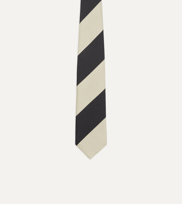 Drake's Navy And Ecru Broad Stripe Silk Tipped Tie