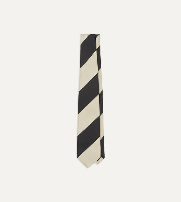 drake's Navy and Ecru Broad Stripe Silk Tipped Tie