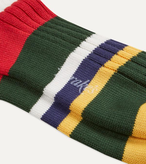 Drake's Navy And Green Cotton Striped Sports Socks