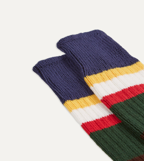 Drake's Navy And Green Cotton Striped Sports Socks