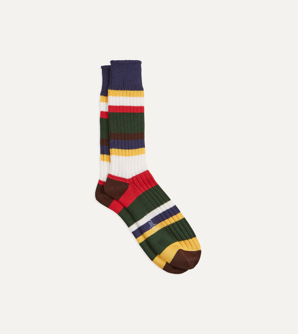 drake's Navy and Green Cotton Striped Sports Socks
