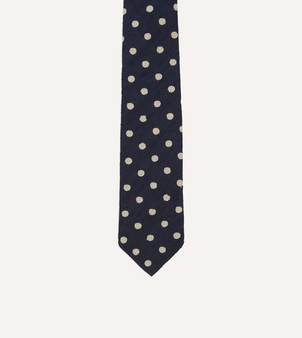 Drake's Navy And White Spots Shantung Silk Tie