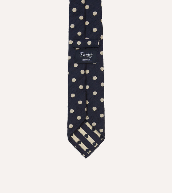Drake's Navy And White Spots Shantung Silk Tie