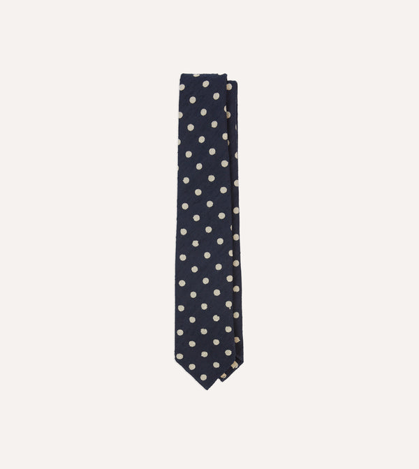 drake's Navy and White Spots Shantung Silk Tie