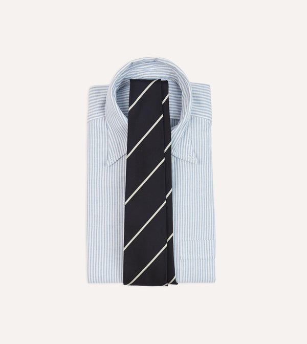 Drake's Navy And White Stripe Repp Silk Tipped Tie