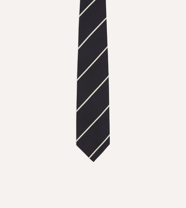 Drake's Navy And White Stripe Repp Silk Tipped Tie