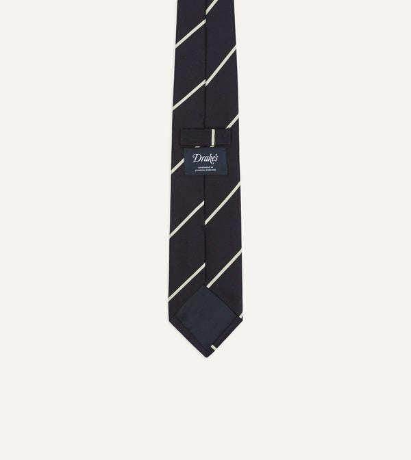 Drake's Navy And White Stripe Repp Silk Tipped Tie