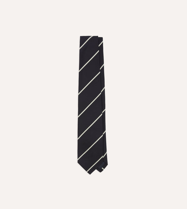 drake's Navy and White Stripe Repp Silk Tipped Tie