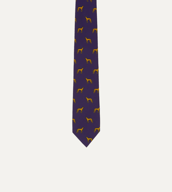 Drake's Navy And Yellow Dog Print Silk Tie