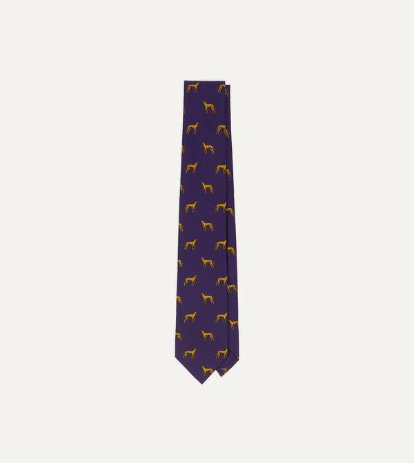 drake's Navy and Yellow Dog Print Silk Tie