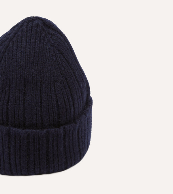 Drake's Navy Angora Lambswool Ribbed Knit Cap