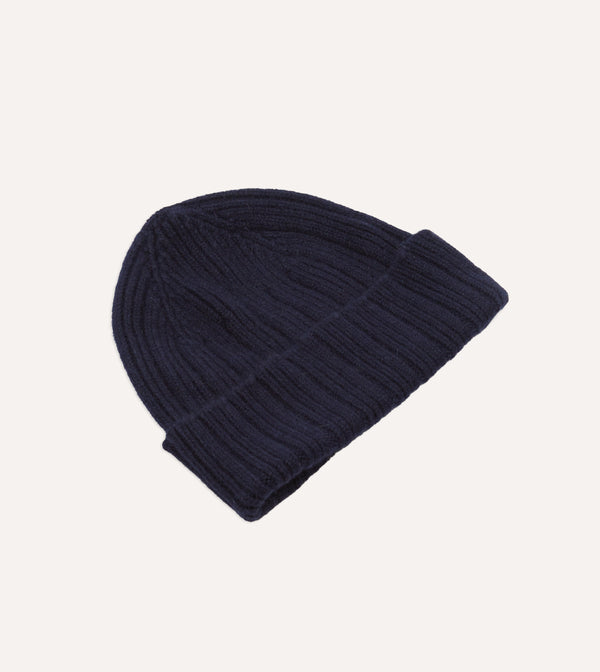 Drake's Navy Angora Lambswool Ribbed Knit Cap