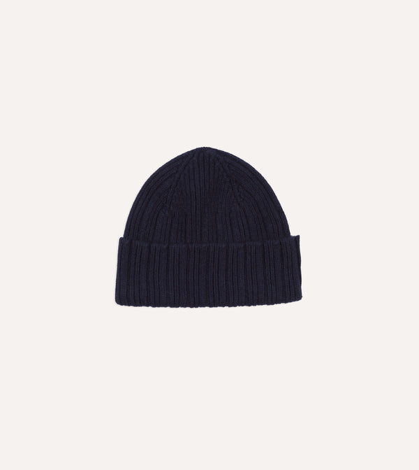 drake's Navy Angora Lambswool Ribbed Knit Cap