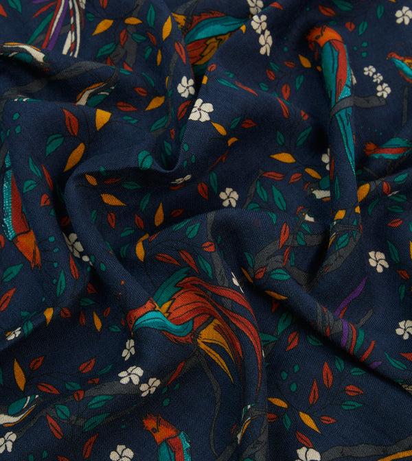 Drake's Navy Birds Of Paradise Print Wool Scarf