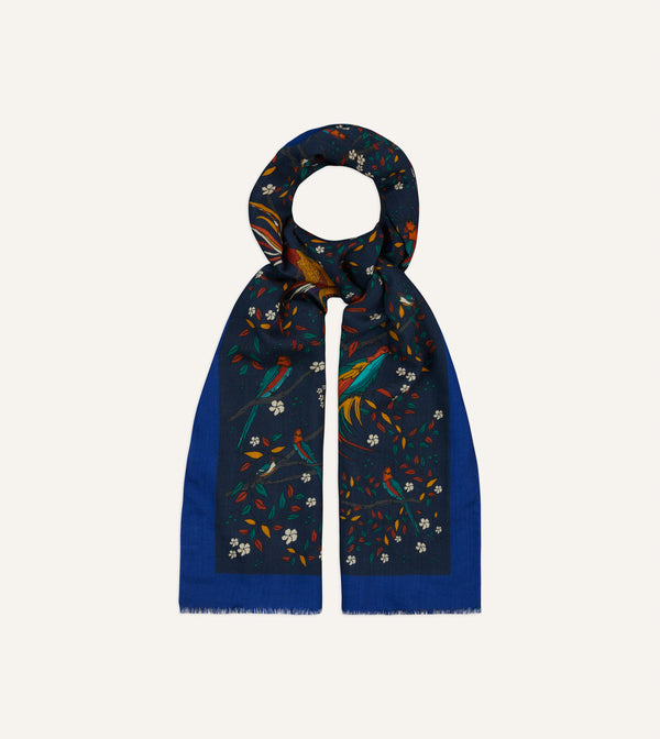 Drake's Navy Birds Of Paradise Print Wool Scarf