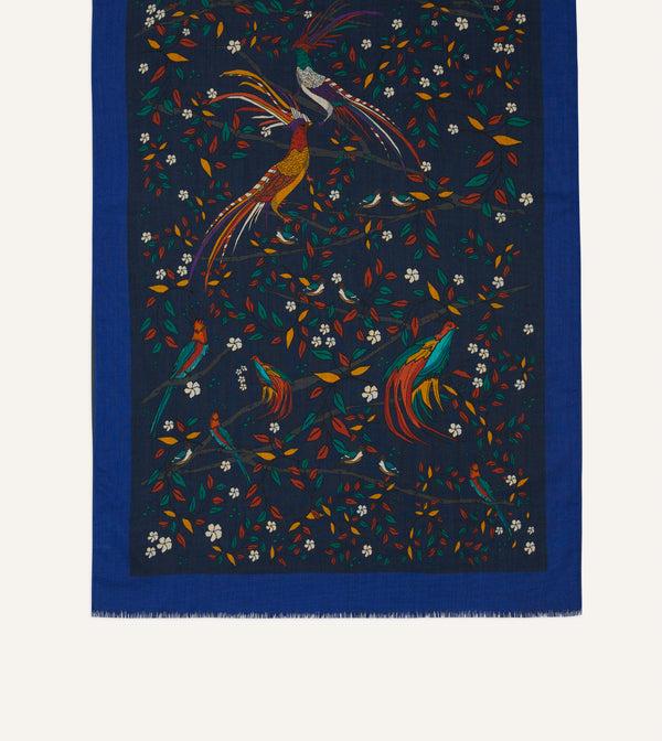 Drake's Navy Birds Of Paradise Print Wool Scarf