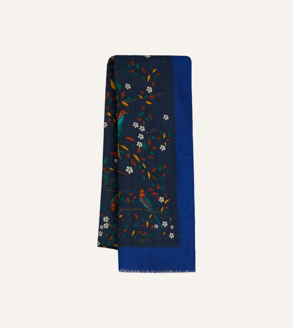 drake's Navy Birds of Paradise Print Wool Scarf