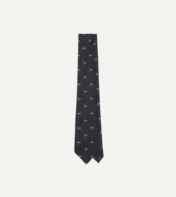 drake's Navy Blue Pennant Motif Silk Tipped Tie
